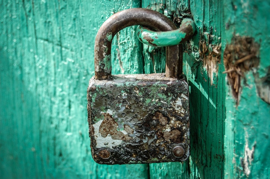 lock, door, color, close, closed, security, metal, old, ancient, turquoise, green, rust,