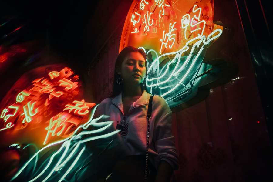 woman, young, bar, lights, sign, poster, neon, color, colorful, red, asian, 20 years old, modern, look, serious, model, night, disco,
