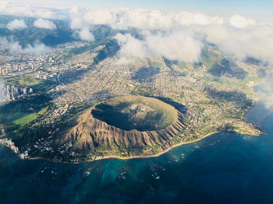 aerial, crater, hawaii, volcano, view, landscape, nature, island, volcanic, rock, geology, big, vacation, travel, tourism, hot, molten, active, ocean, big island, cone, puu, natural, lake, national, park, scenic, hawaiian, water, sky, outdoors, disaster, america