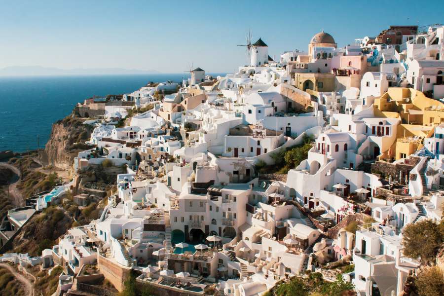 greece, architecture, summer, europe, travel, greek, aegean, blue, santorini, tourism, landscape, white, oia, cyclades, town, sea, sky, island, vacation, house, church, dome, village, building, mediterranean, nature, view, beautiful, traditional, caldera, landmark, volcano, sunset, resort, romantic, famous, city, thira, honeymoon, holidays, sunny, destination, touristic, culture, panorama, cupola, european, panoramic, idyllic, beauty