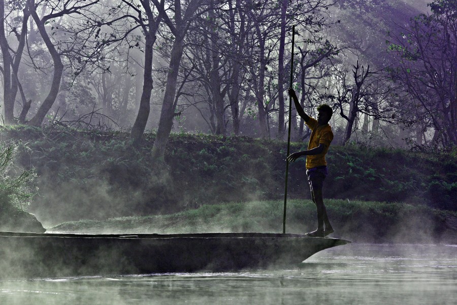 one person, people, man, young, native, forest, river, boat, boat, gondola, sailing, sailing, Indian, push, force,
