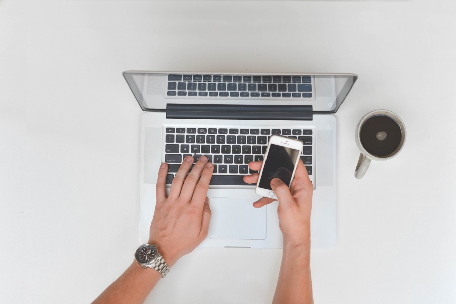 Beverage, Coffee, Macbook, Mug, Public Domain, White, Work, apple, arm, break, business, desk, drink, hand, hands, iphone, keyboard, laptop, mac, male, man, office, smartphone, tech, technology, typing, watch, 