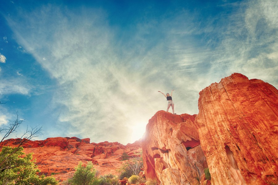 Explore, Girl, Landscape, Orange, Red, Sky, Sport, Travel, Vegas, Walking, adventure, blue, body art, clouds, exploration, nature, outdoors, person, red rock, travelling, trek, trekking, 