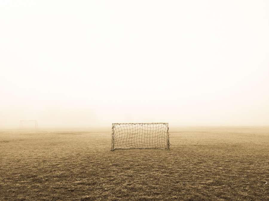 arch, court, soccer, grass, exterior, fog, nobody, playing field, sport, goal,
