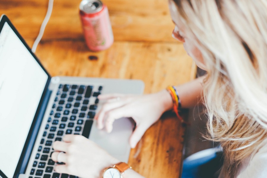 woman, blond, young, work, desk, gas, tin, computer, laptop, working, technology,