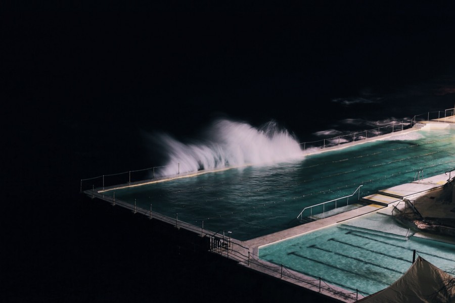 bad weather, night, pool, pool, outdoor, wave, waves, hurricane,