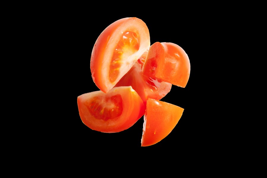 tomato, vegetable, fruit, food, cut, part, parts, piece, half, black background, 