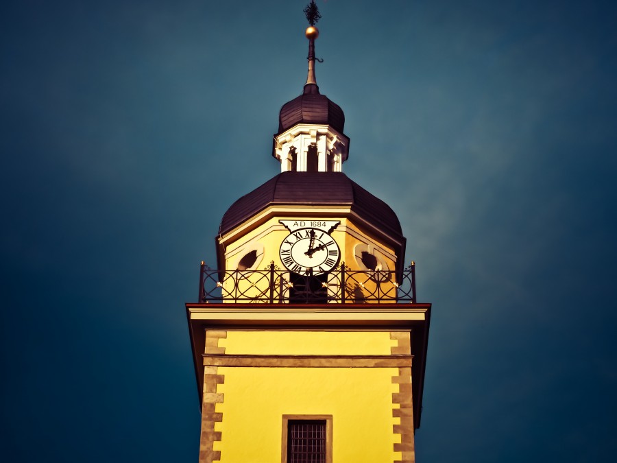 church, steeple, clock tower, building, sky, architecture, abendstimmung, old town, düsseldorf, old, city, urban, europe, night, germany, 