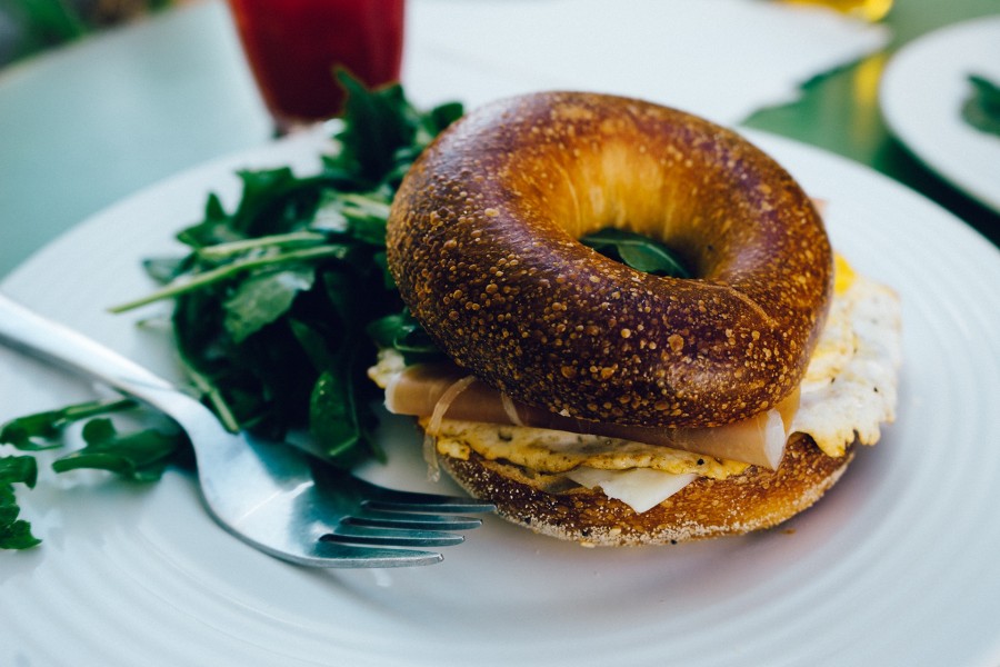 breakfast bagel, ham, egg, sandwich, snack, toast, lunch, gourmet, food, salad, arranged, fork, decorative, plate, tasty, fresh, morning, plate, home, food and beverages