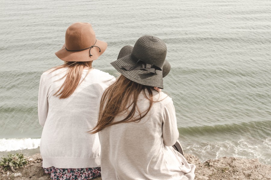two, people, woman, women, young, teenage, day, beach, coast, hat, sister, sisters, leisure, outdoor,