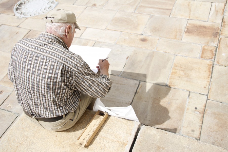 man, old man, 70 years old, square, outdoors, writing, writing, business, day, drawing, painting,  