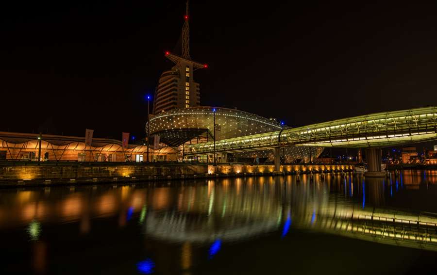 city, germany, night, bremerhaven, architecture, travel, tourism, water, harbor, europe, landmark, sky, urban, blue, tower, reflection, town, skyline, building, cityscape, port, view, bremen, light, landscape, sea, river, modern, center, harbour, new, summer, north, coast, downtown, weser, buildings, panorama, german, hanseatic, dark, ship, atlantic, europa, dock