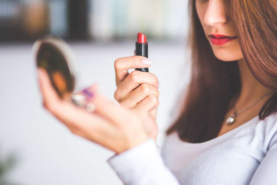 lipstick, lip gloss, lips, red, woman, makeup, close-up, brown hair, hair, mirror, beauty