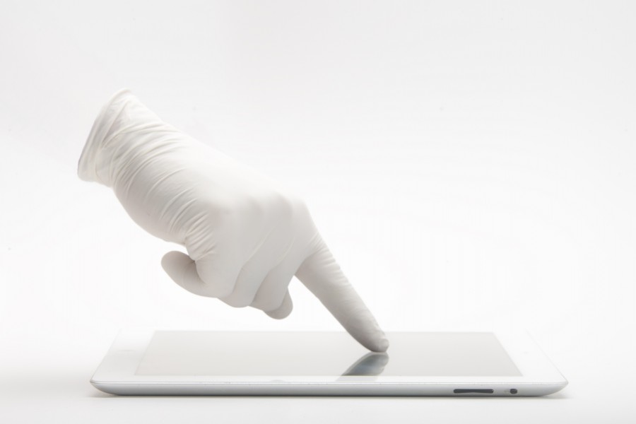 hand, ipad, touch, glove, white, nobody, technology, white background, concept, finger, pointing, app,