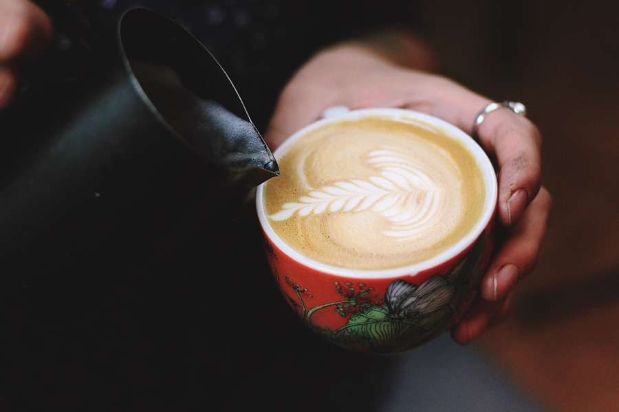 coffee, cup, leaf, art, close-up, hot, drink, hold, person, serve, bar,

