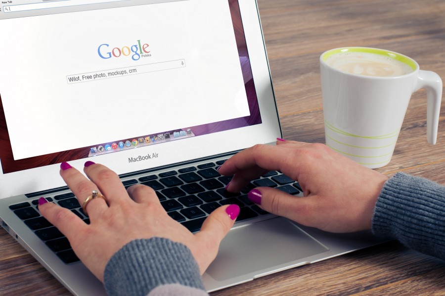 one person, people, woman, laptop, technology, computer, computer, portable, google, search engine, hands, desk, cup, coffee,
