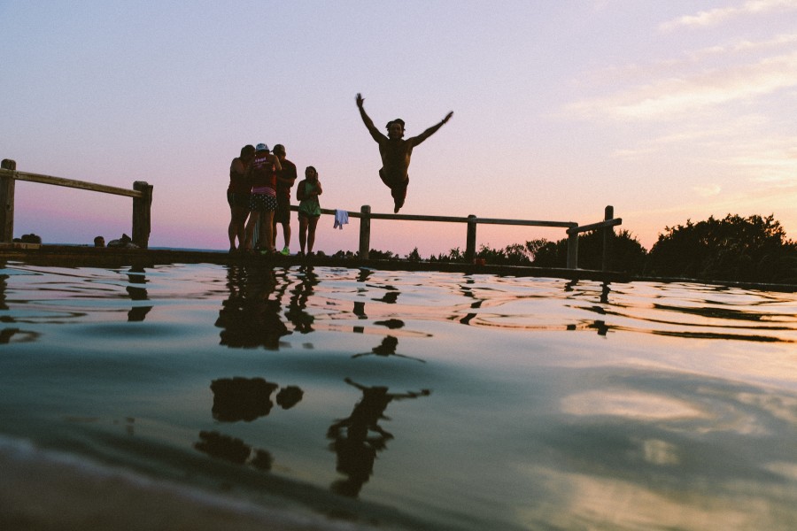 pool, water, jump, jump, young, fun, man, adult, friend, friends, family, people, sunset, open arms, sky, joy, happiness, freedom,