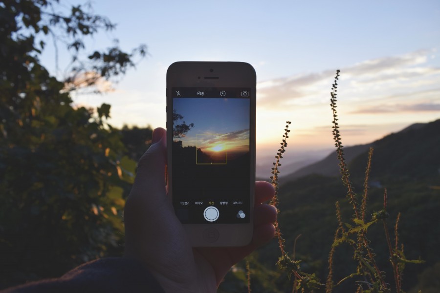 cell, phone, photo, landscape, outdoor, sunset, travel, traveling, photography, technology, iphone, one person, hand, people, sky, time,