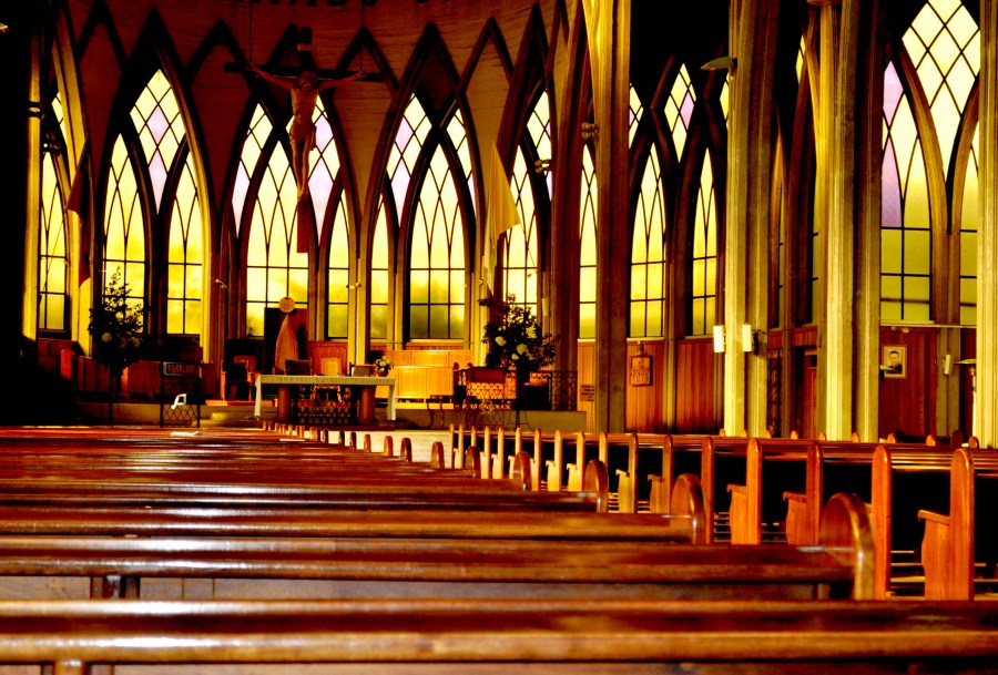 Interior, church, sunset, religion, Catholic, Catholic, osorno, chile, wood, bench, benches, seat, seats,