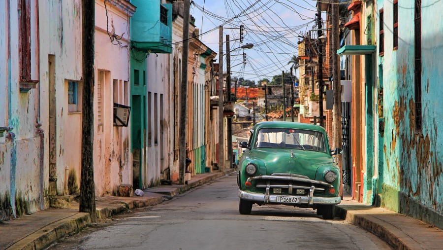 Cuba, blue sky, street, architecture, urban, city, cuban, havana, auto, car, old, green, nobody,