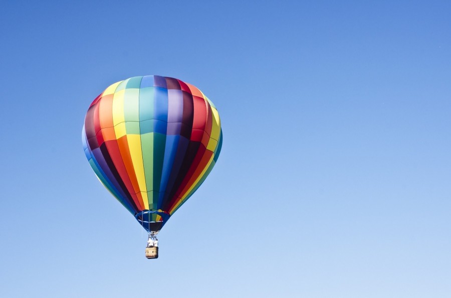 hot air balloon, blue sky, sky, flying, transportation, one, landscape, day, colorful, 
