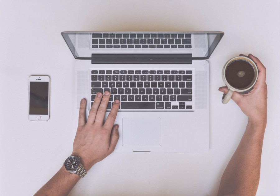 Beverage, Coffee, Macbook, Mug, Public Domain, White, Work, apple, arm, break, business, desk, drink, hand, hands, iphone, keyboard, laptop, mac, male, man, office, smartphone, tech, technology, typing, watch, 