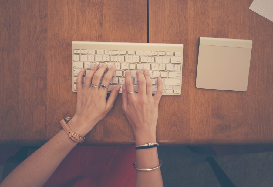 Jewelry, Woman, Work, apple, body part, business, computor, desk, fingers, hands, keyboard, mac, marketing, metal, paper, ring, rings, social media, sorangem brown, tech, technology, trackpad, typing, watch, wood, working, 
