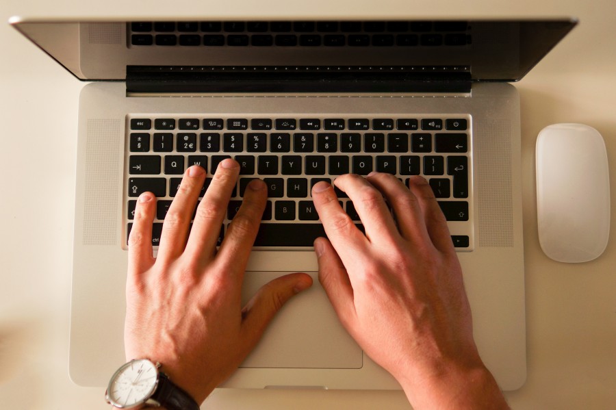 man, hand, desk, one person, people, keyboard, computer, laptop, job, keyboard, viewed from above, technology, business,