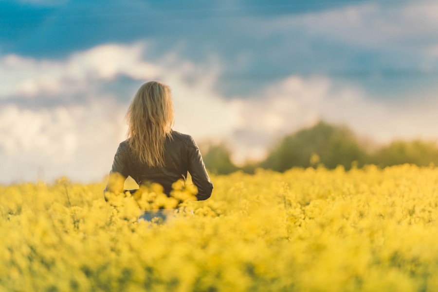 Flower, Flowers, Girl, Summer, Sunset, Woman, Yellow, background, blond, field, flare, jacket, leather, nature, outside, person, sun, sunrise, 