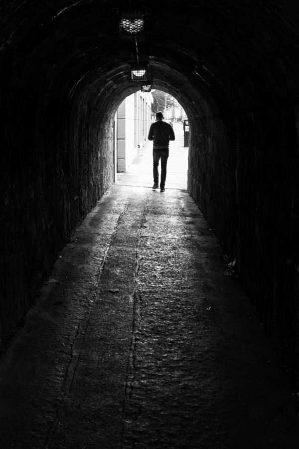 35mm, blackandwhite, black and white, candid, dublin, europe, ireland, light, man, photo, photography, shadow, sony, street, tunnel, urban, walking, man, one person, 