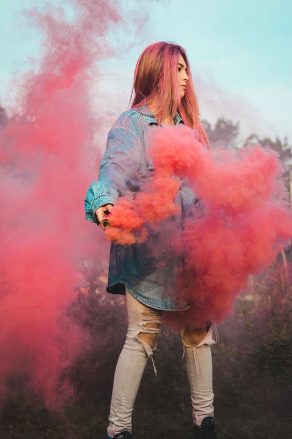 Woman, Female, Flare, Red, Smoke, Tree, Woodland, Portrait, pink 