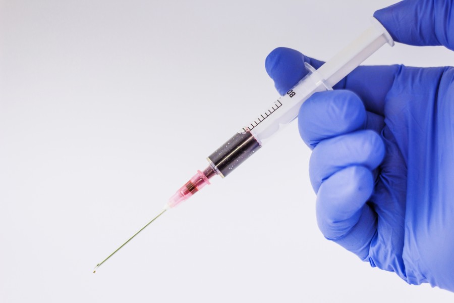 blood, science, medicine, analysis, needle, syringe, removal, hand, glove, latex, concept, close-up,