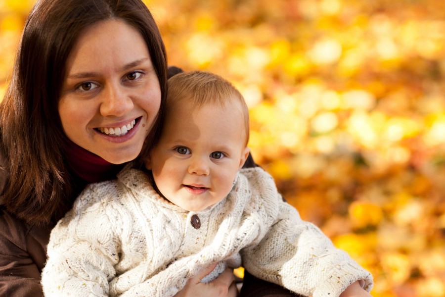 fall, two people, mother, son, outside, young, adult, 6 months, looking at the camera, close-up, Latin, smile, smiling, 