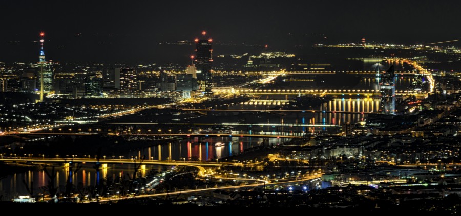 vienna, austria, city, night, urban, europe, night, illuminated, capital,