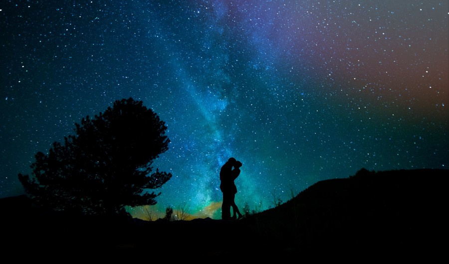 couple, outdoors, outside, silhouette, universe, love, hug, sky, stars, milky way, illustration, starry, night, night, kiss, kissing,