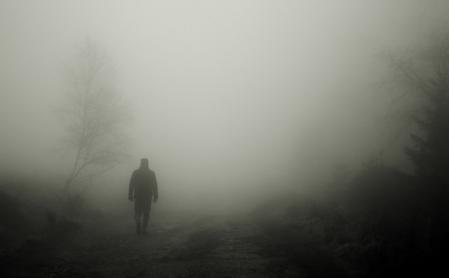 man, fog, haze, mystery, outdoor, exterior, field, road, silhouette, mysterious, morning mist, a person, grey,