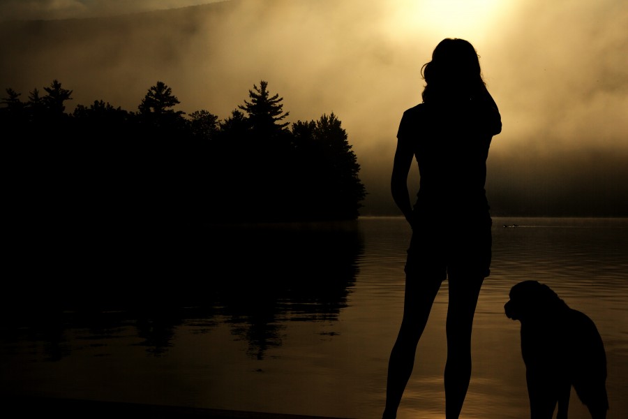 woman, dog, pet, friendship, loyalty, dawn, costa, rica, vacation, travel, traveling, lake, landscape, dark, mist, fog, concept,