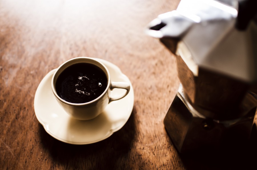 Cup, dish, porcelain, coffeemaker, italian, coffee, black, breakfast, infusion, liquid, drink, wooden table, chrome, Well