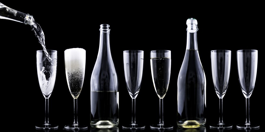 Champagne, wine glasses, bottle, black background, serve, drink, foam, foaming, nobody, bar, party, alcoholic beverage, drink, cocktail, glasses