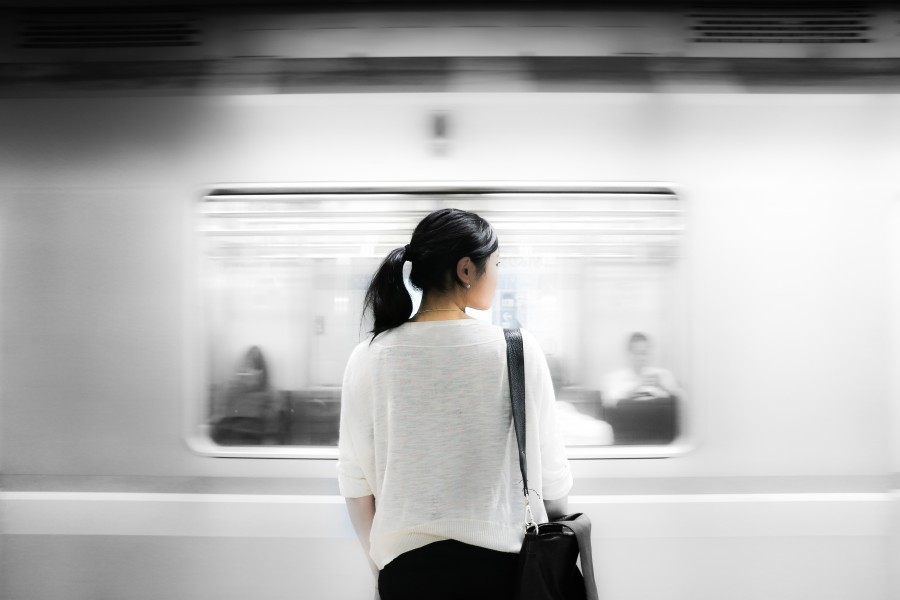 one person, people, woman, Asia, Asian, Asia, Japan, train, subway, transportation, young, back view, white, modern,