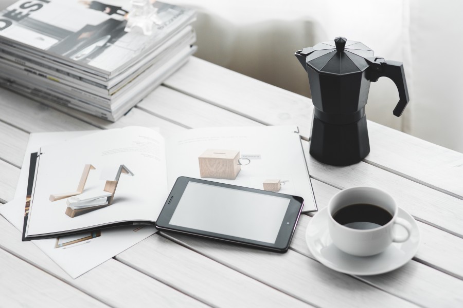 technology, digital, tablet, digital tablet, computer, device, black, white, desk, coffee, drink, magazine, magazines, work, workspace, relax, leisure time