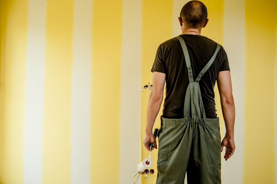man, adult, painter, painting, paint, interior, yellow, roll, activity, decoration, think, doubt, doubtful, wall,