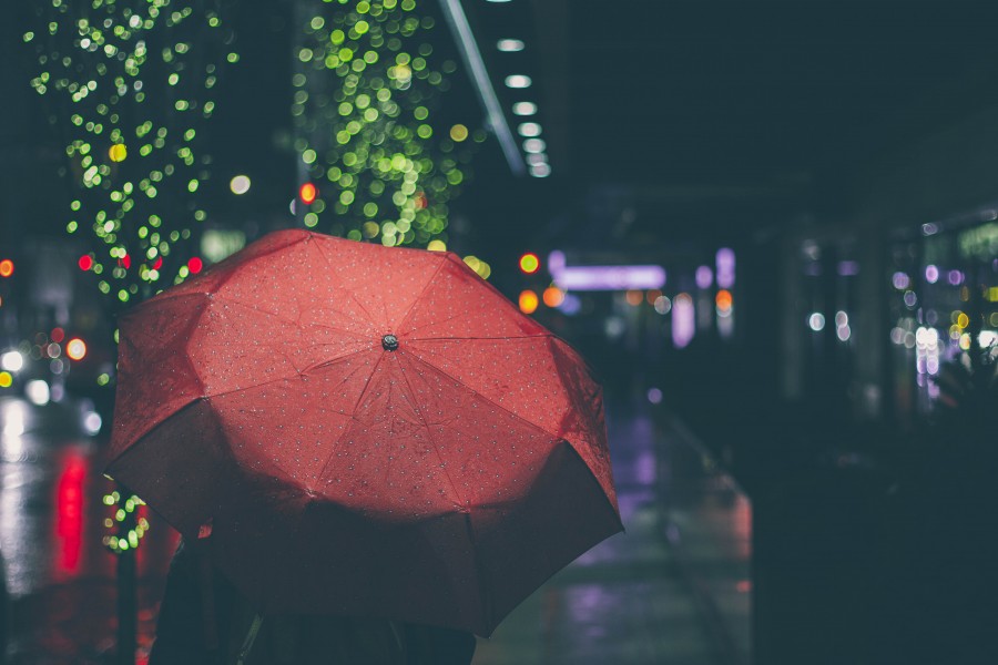 one person, people, woman, night, umbrella, umbrella, foreground, street, urban, rain, bad weather,red, 