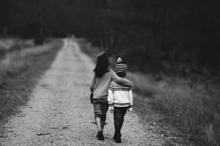 children, walking, road, distant, support, road, highway, friends, friendship, child, family, family walking together, childhood, love, young love