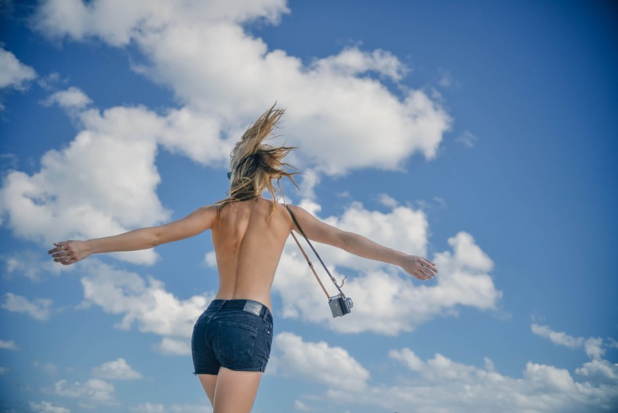 35mm, Beach, Beautiful, Camera, Sky, Summer, Woman, awesome, bikini, blond, blue, clouds, emotional, freedom, fun, nude, retro, spin, sun, topless,