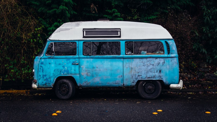 truck, van, transportation, vintage, old, blue, sky, color, concept,