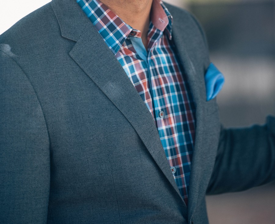 blue, casual, check, detail, jacket, male, man, plaid, pocket, pocket square, shirt, smart, style, fashion, 