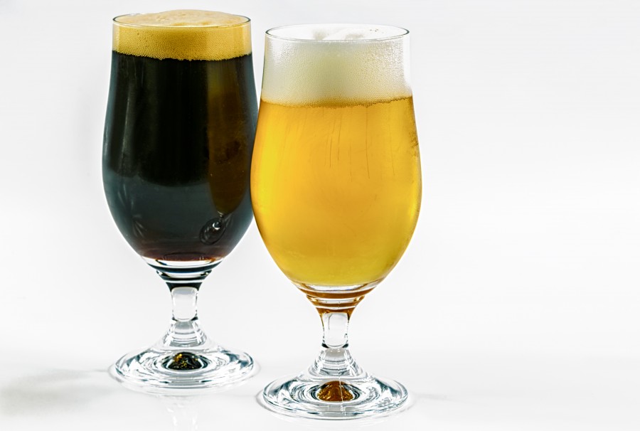 Blonde, golden, drink, refreshing, craft, glass, foam, two, black, beer