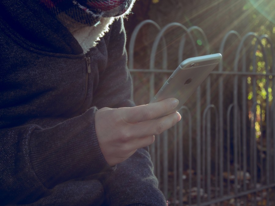 smartphone, man, outside, sitting, looking, internet, app, technology, call, adult, people, hold, hand, technology,