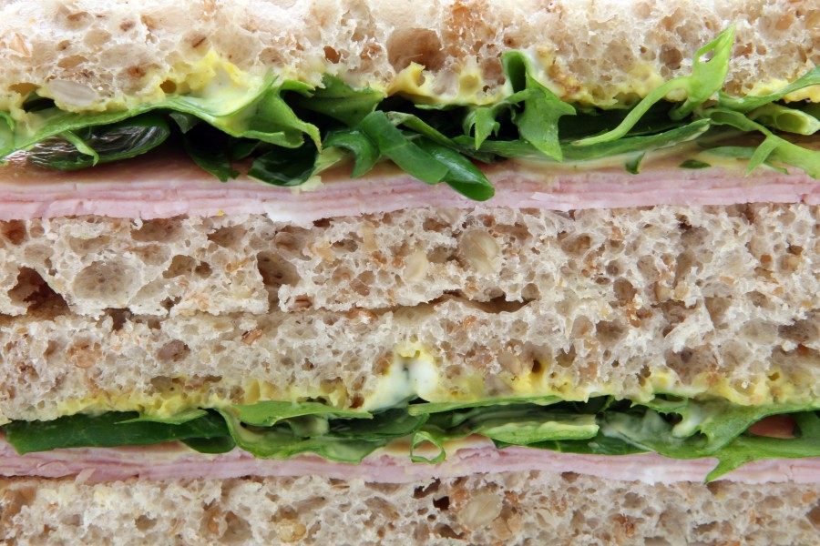 sandwich, ham, lettuce, white background, food, fresh, bread crumb, detail
